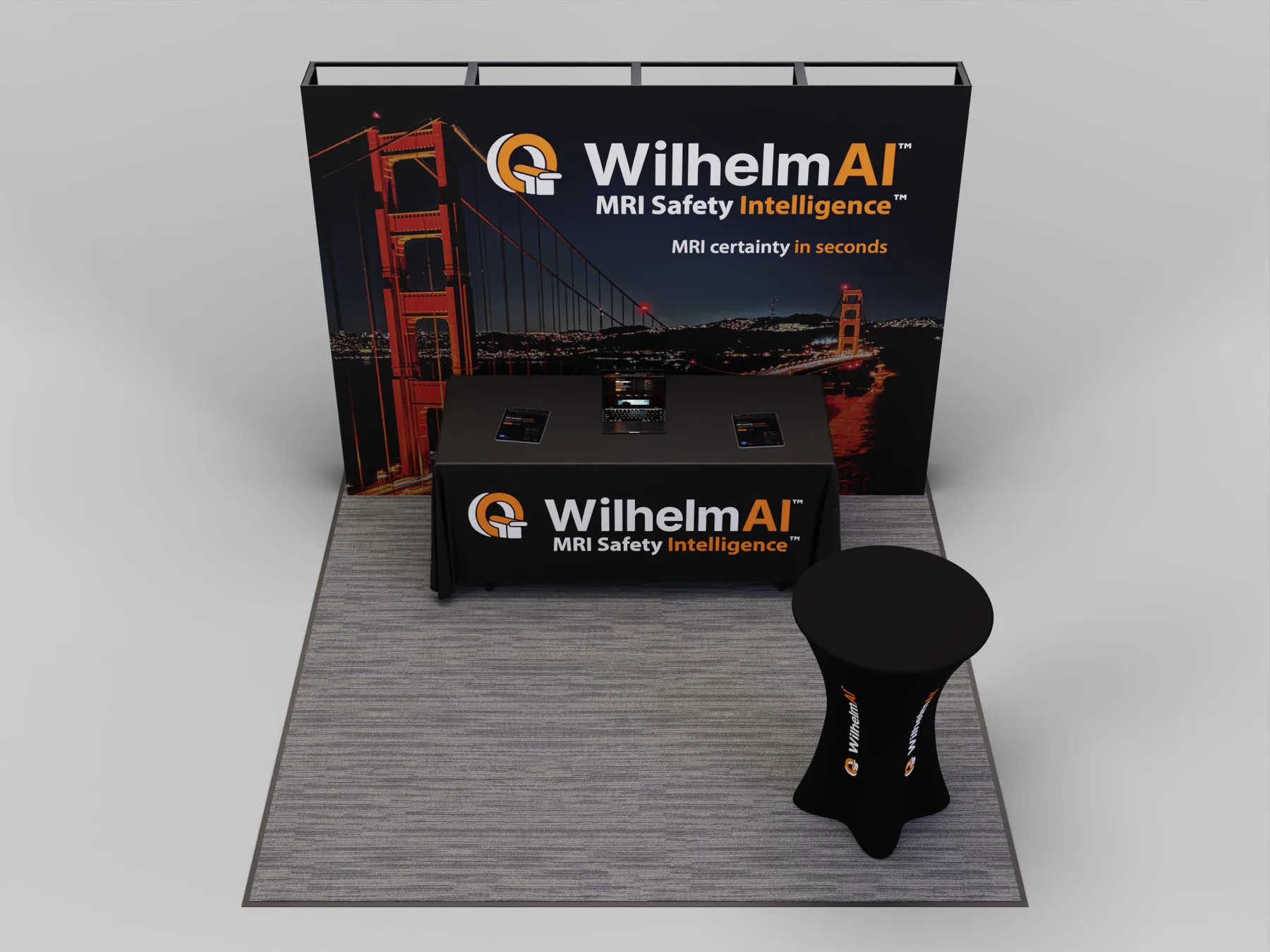 WilhelmAI 10x10 exhibit with a backlit graphic wall and counter