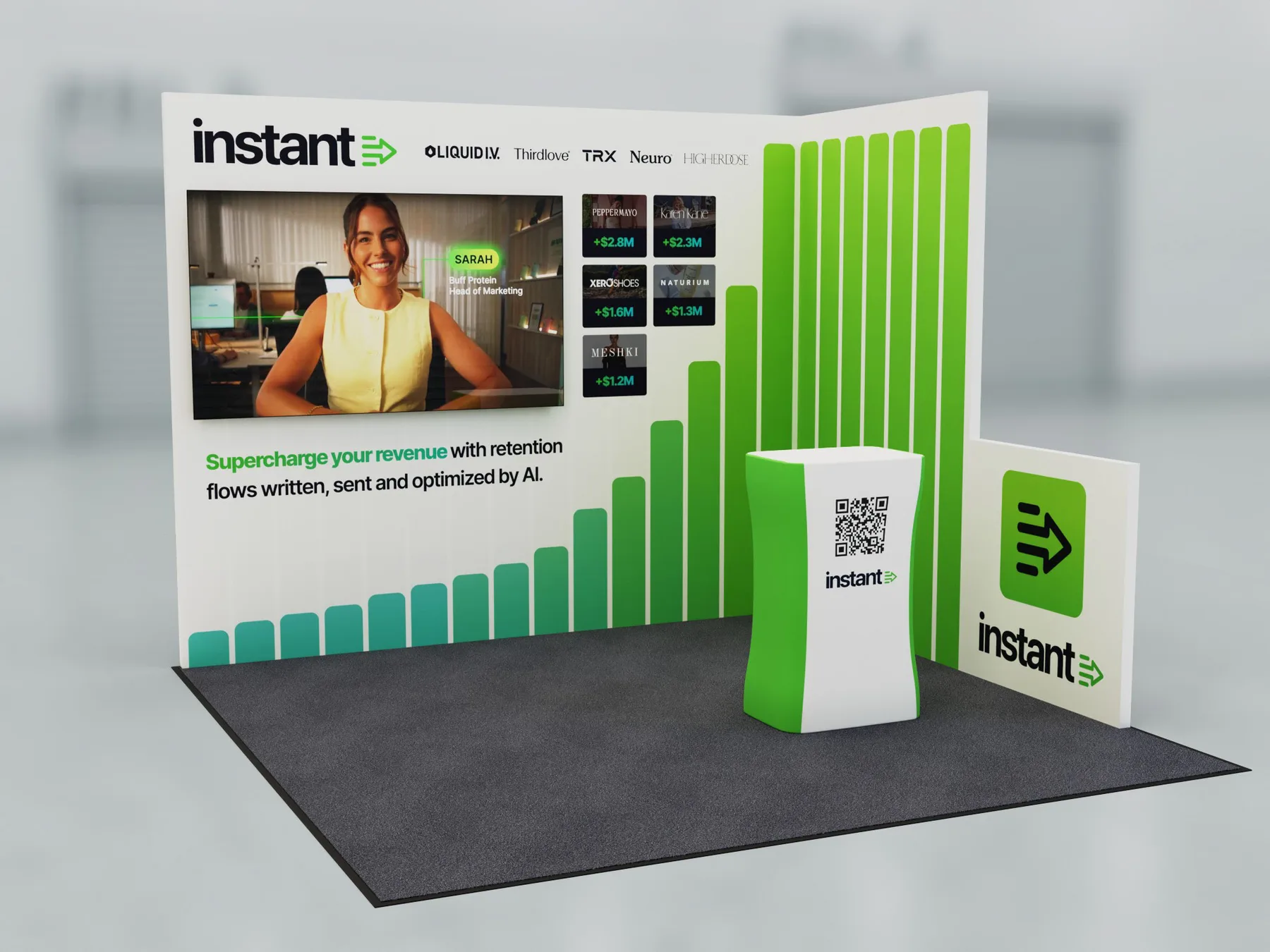 Instant 10x10 exhibit with a green data-graphic wall and product counter