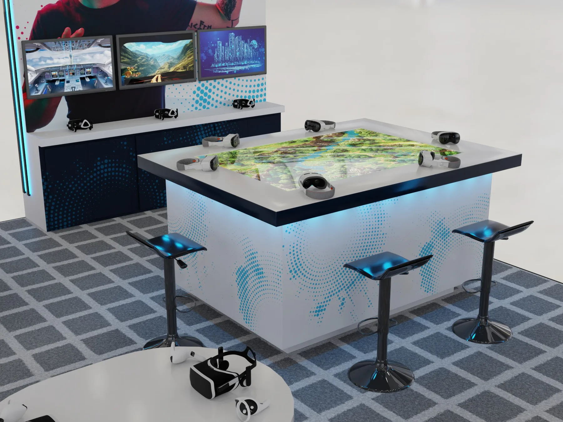 Dark VR exhibit with an interactive table, stools and wall-mounted screens