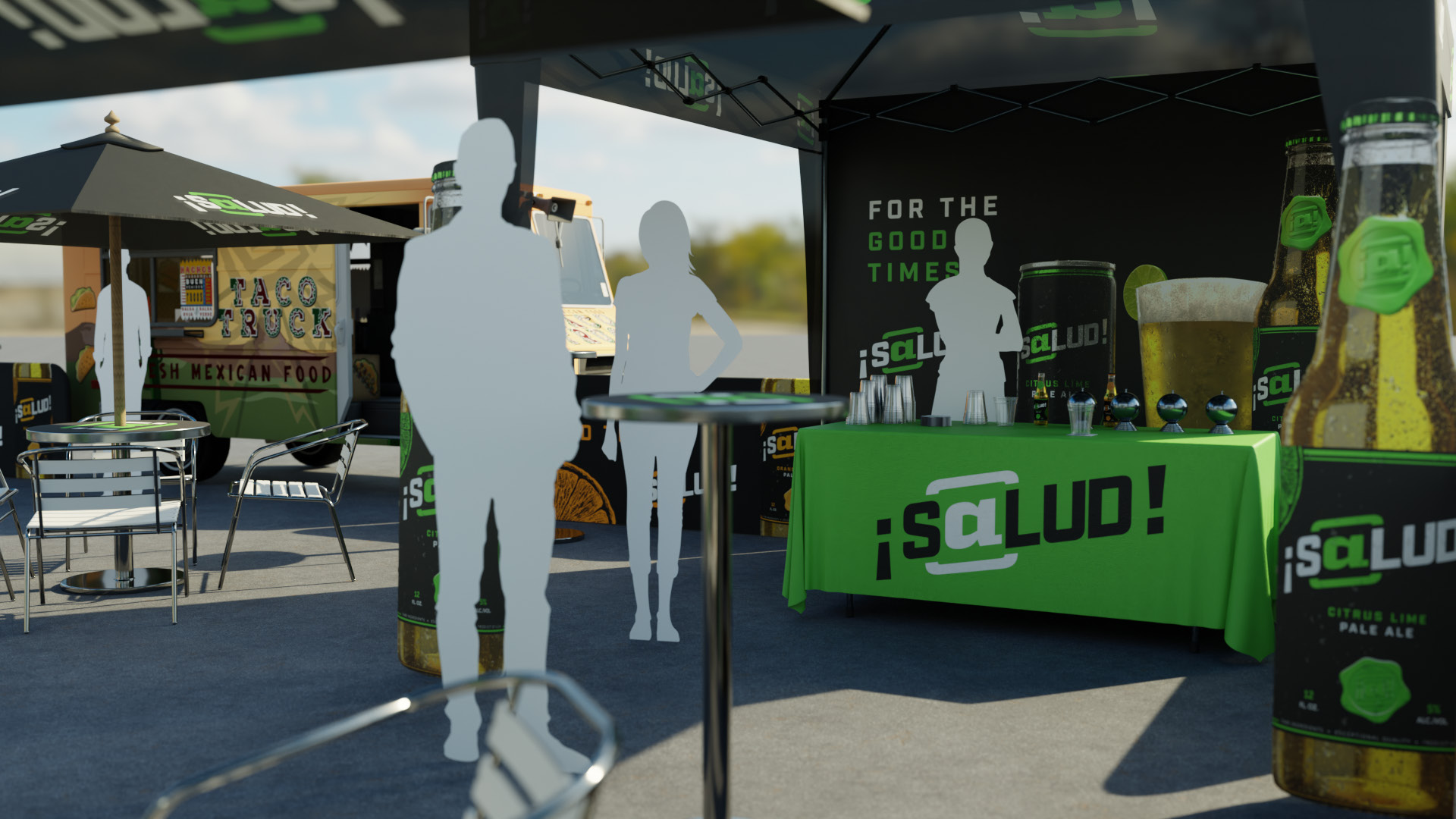 Salud outdoor activation with a branded serving bar under a tent