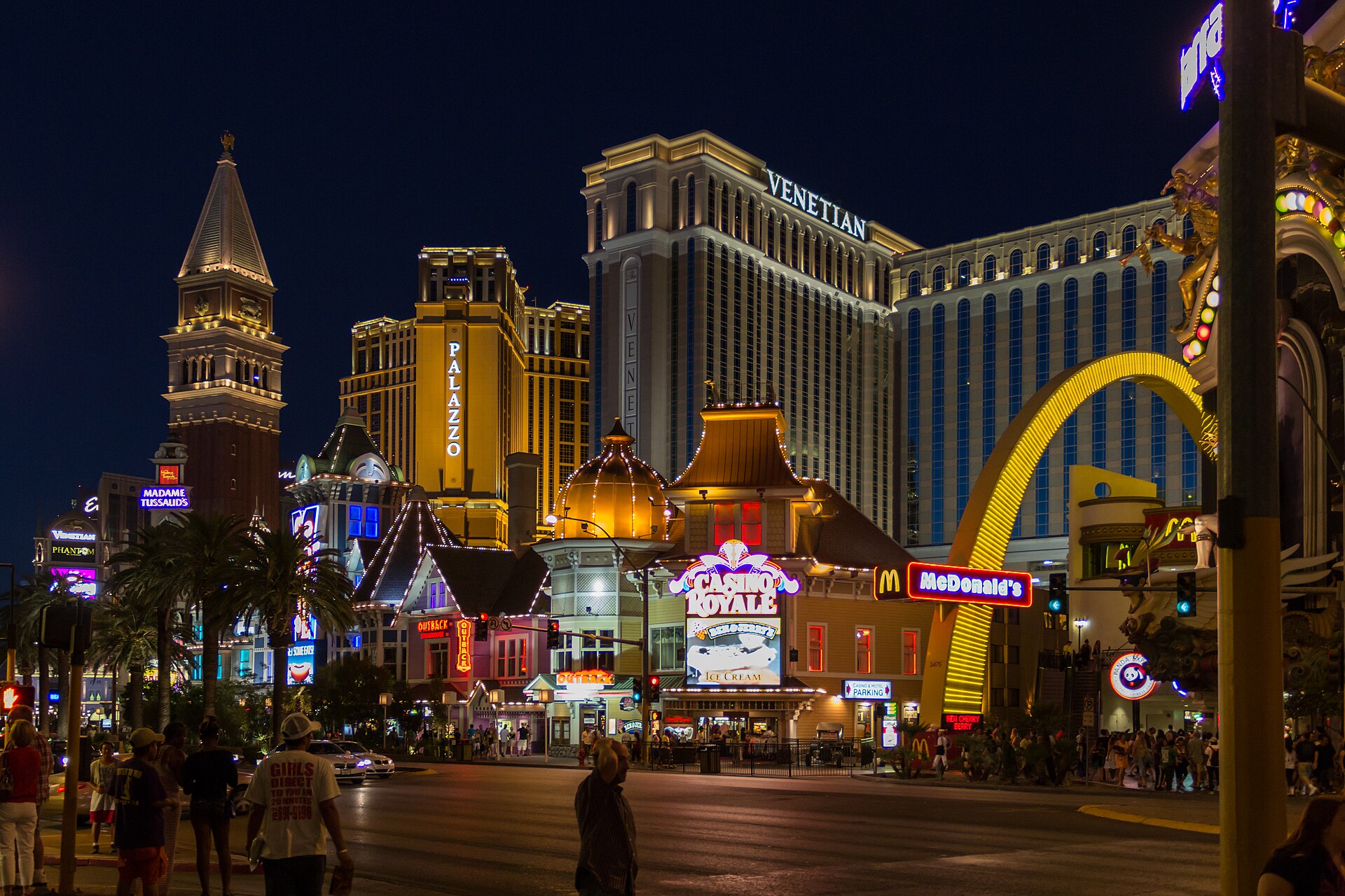 The Venetian Resort and Expo complex illuminated at night in Las Vegas