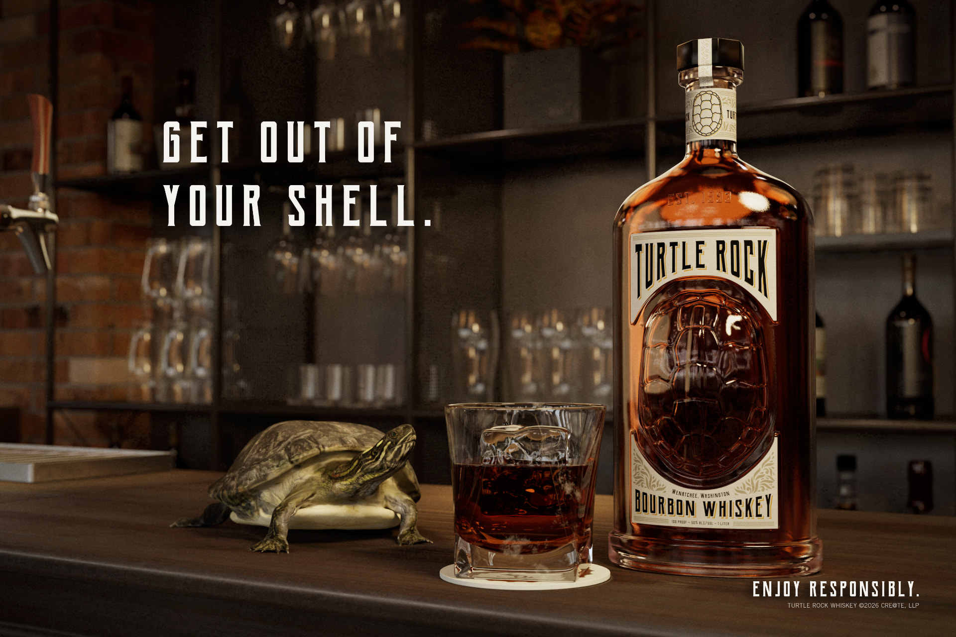 Turtle Rock Whiskey brand scene — a bottle and tasting glass on a warm bar with a turtle beside them