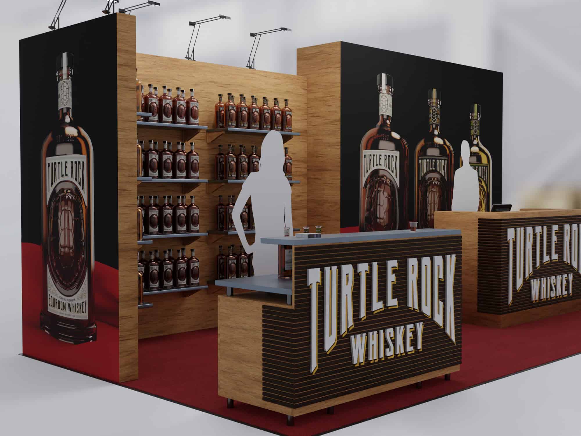 Beverage booth display featuring Turtle Rock Whiskey branding with wooden and black accents, shelves of whiskey bottles, and a branded counter for product samples and customer interaction.