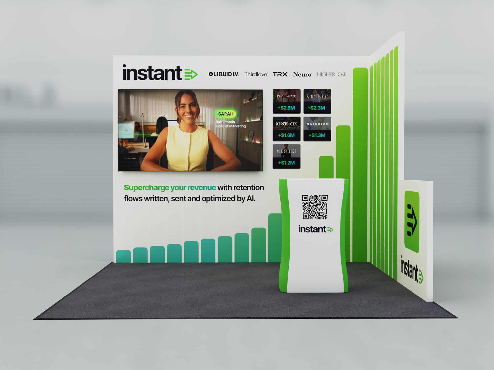 Bright, professional trade show booth with customizable graphics, digital screens, and branding elements designed to attract visitors at conferences and expos.