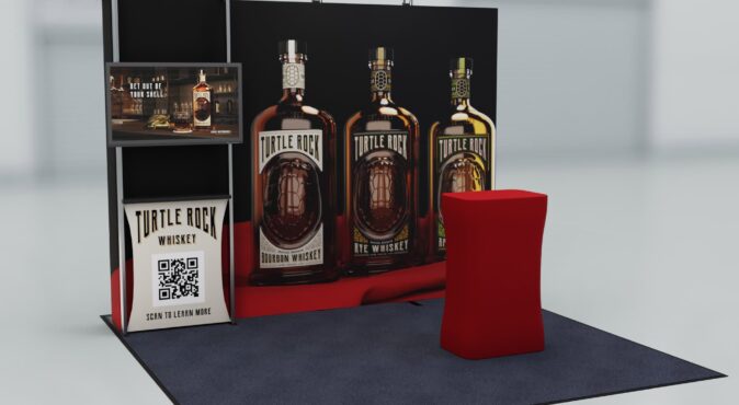 High-quality 3D mockup of a Turtle Rock whiskey trade show booth featuring large product images, a QR code stand, and a red counter for engaging with visitors. Perfect for expos and branding.