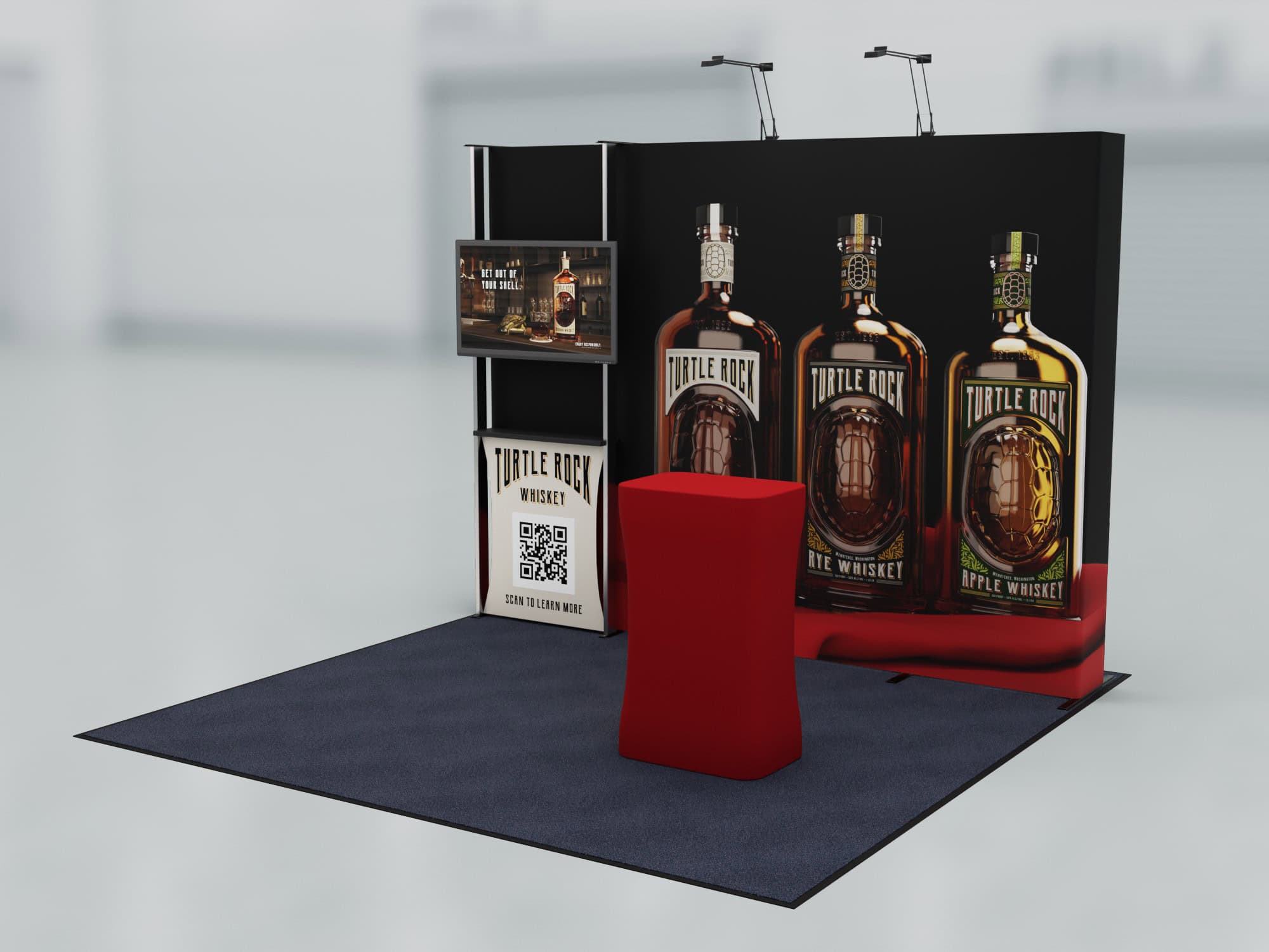 High-quality trade show booth showcasing Turtle Rock Whiskey bottles with vibrant branding and QR code for engagement. Designed for maximum visibility at expos and conferences.