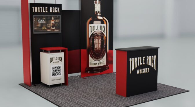A sleek trade show booth for Turtle Rock Whiskey featuring vibrant red, black, and prominent branding elements, ideal for attracting attention and engaging visitors at expos and events.