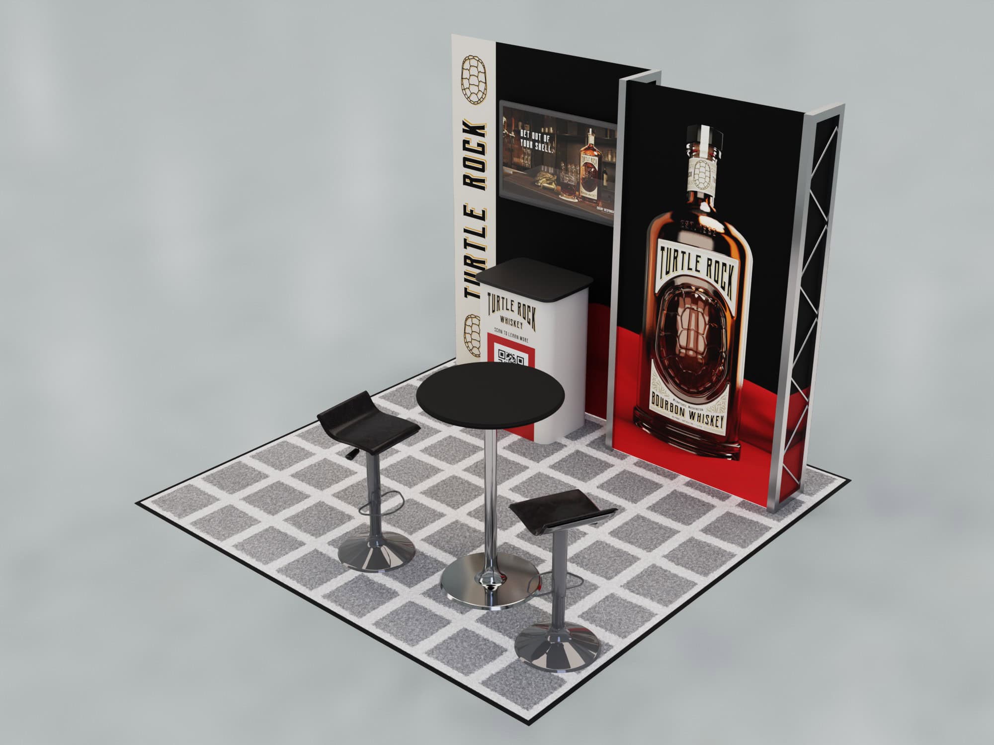 High-quality trade show booth design for Turtle Rock bourbon whiskey featuring eye-catching visuals and branding elements. Perfect for exhibitions and promotional events.
